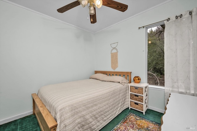 14031 Ettawa Springs Rd, Middletown, CA 95461 - bedroom featuring baseboards, dark carpet, a ceiling fan, and crown molding