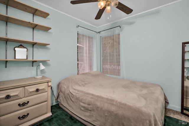14031 Ettawa Springs Rd, Middletown, CA 95461 - bedroom featuring ornamental molding, dark colored carpet, baseboards, and a ceiling fan