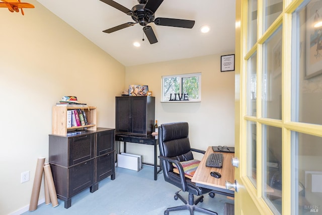 office area featuring ceiling fan, lofted ceiling, and recessed lighting