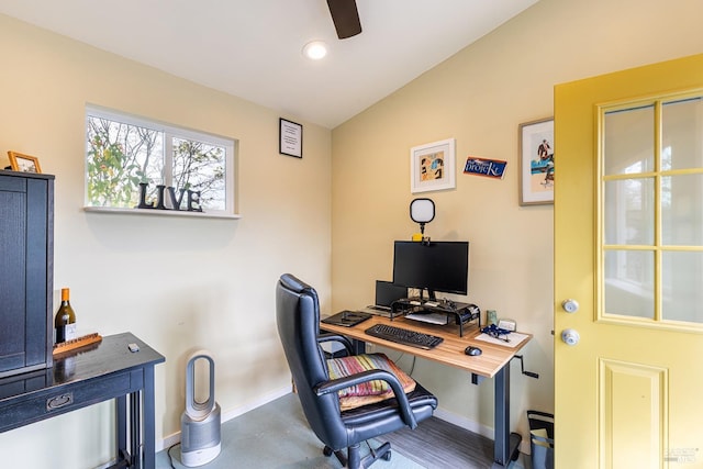 office with lofted ceiling, baseboards, a ceiling fan, and recessed lighting