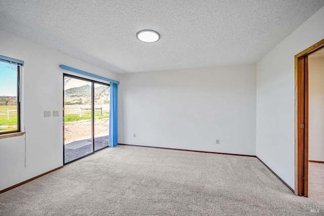 unfurnished room featuring a textured ceiling, carpet floors, and baseboards