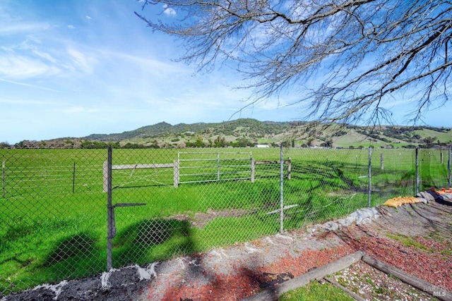 view of yard with a rural view, fence, and a mountain view