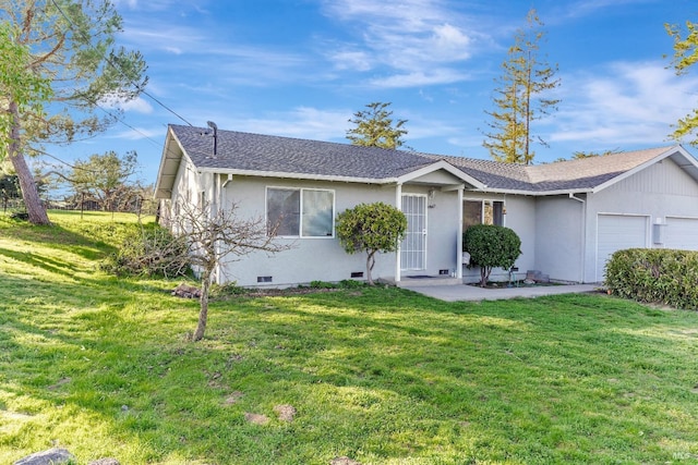 single story home featuring a garage, a shingled roof, crawl space, a front lawn, and stucco siding