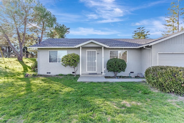 single story home with an attached garage, a shingled roof, crawl space, stucco siding, and a front yard