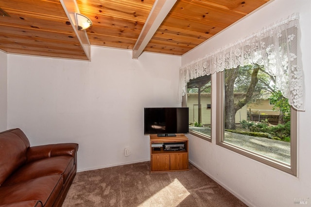 living room with carpet floors, beamed ceiling, wood ceiling, and baseboards