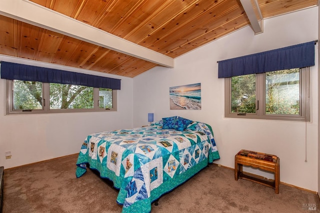 bedroom with carpet floors, wooden ceiling, vaulted ceiling with beams, and baseboards