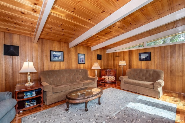 living room with lofted ceiling with beams, wood walls, wood finished floors, and wood ceiling