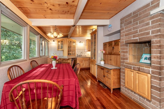 dining room featuring a notable chandelier, wood ceiling, dark wood-style flooring, and beam ceiling