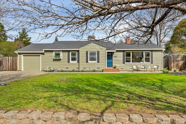 single story home featuring a garage, a chimney, a front yard, and fence