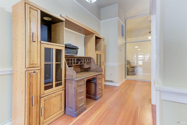 walk in closet featuring light wood-type flooring and ceiling fan