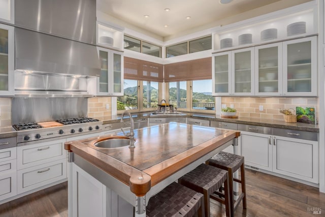 kitchen featuring a sink, white cabinetry, stainless steel gas stovetop, range hood, and a breakfast bar