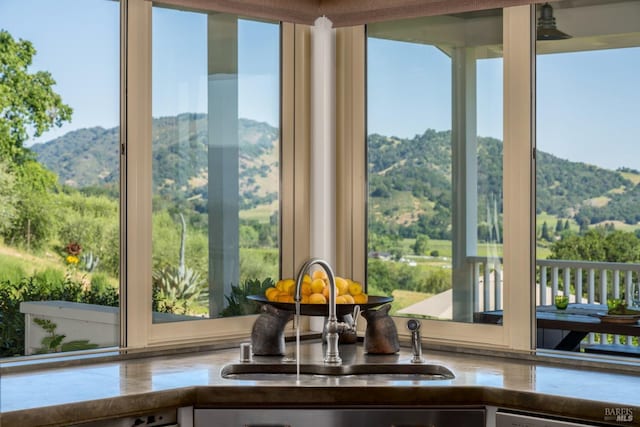 details featuring a mountain view, dishwasher, and a sink