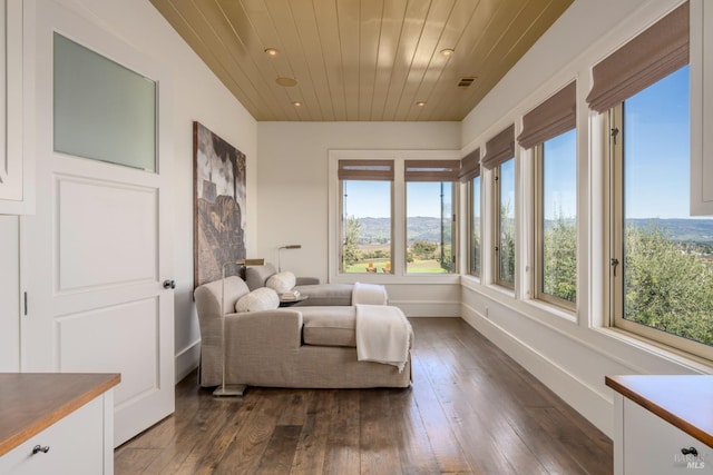 living area with baseboards, visible vents, recessed lighting, dark wood-type flooring, and wood ceiling