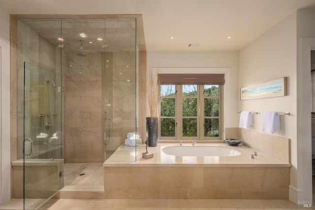 bathroom with a stall shower, visible vents, recessed lighting, tile patterned flooring, and a garden tub