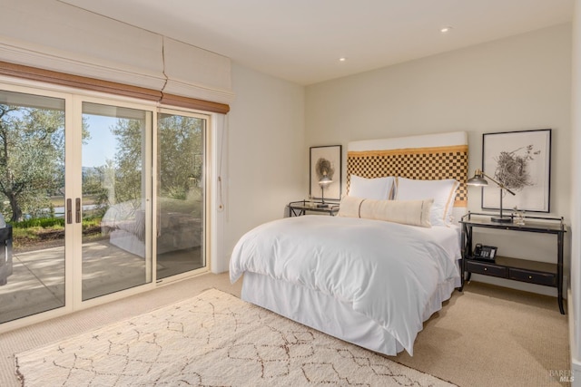 bedroom featuring access to exterior, recessed lighting, and carpet floors