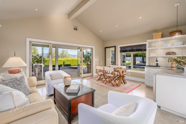 living room with high vaulted ceiling, beamed ceiling, visible vents, and recessed lighting