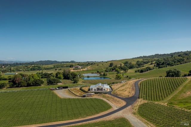 birds eye view of property with a water view and a rural view