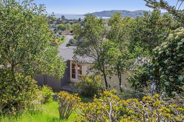 view of property exterior with stucco siding and a mountain view