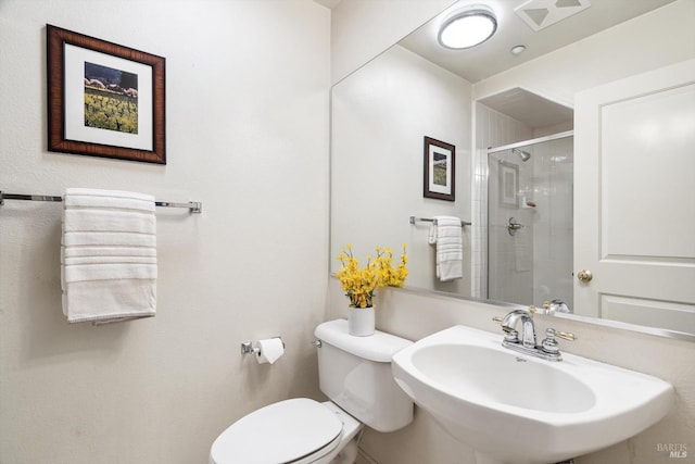 full bath with toilet, a stall shower, visible vents, and a sink