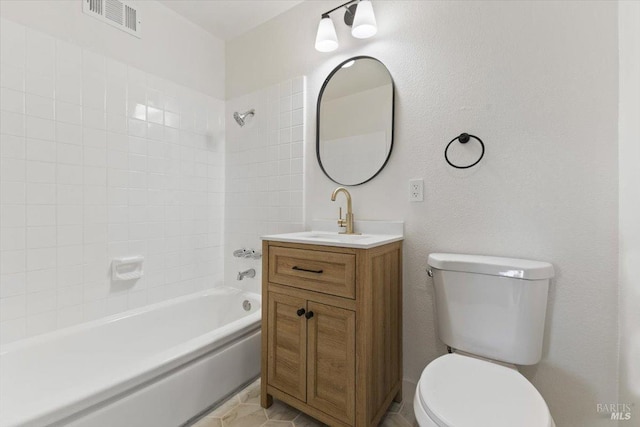 full bath featuring visible vents, toilet, shower / bathtub combination, tile patterned flooring, and vanity