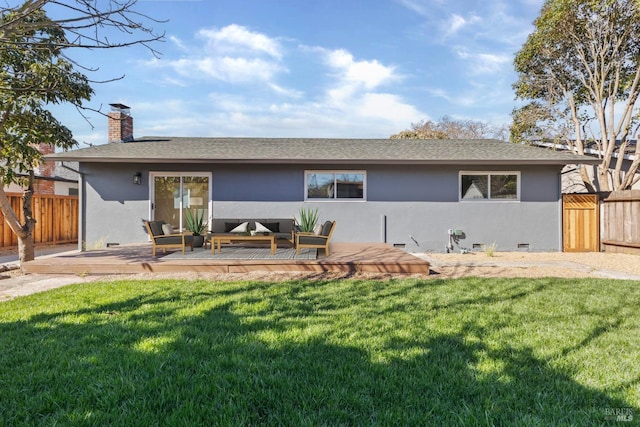 back of house with crawl space, fence, a deck, outdoor lounge area, and stucco siding