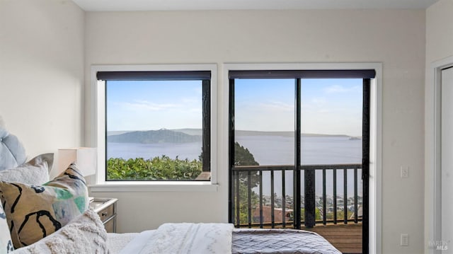 bedroom featuring a water view