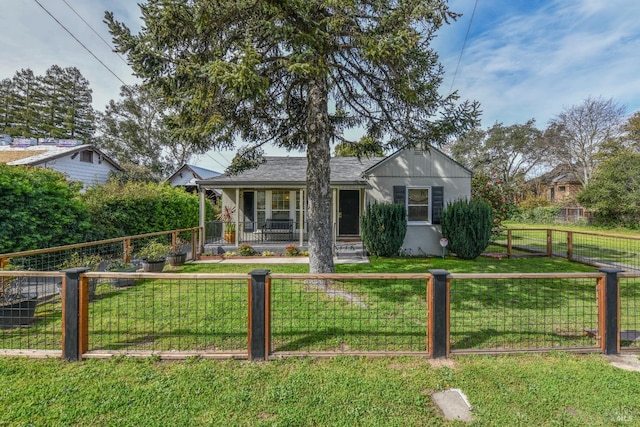 bungalow featuring a front lawn, a fenced front yard, a porch, and a gate