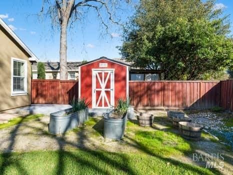 view of shed with a fenced backyard