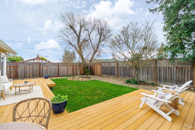 wooden terrace with a fenced backyard and a yard