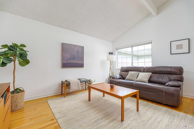 living room featuring baseboards, a textured ceiling, beam ceiling, and wood finished floors