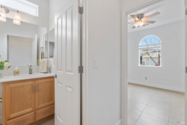 bathroom featuring visible vents, baseboards, ceiling fan, tile patterned floors, and vanity