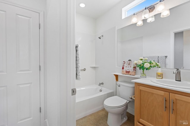 bathroom featuring toilet, tile patterned floors, shower / bathing tub combination, and vanity