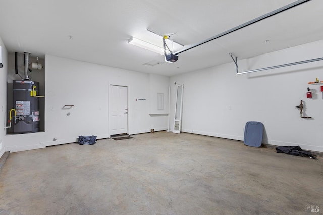 garage with a garage door opener, strapped water heater, and baseboards