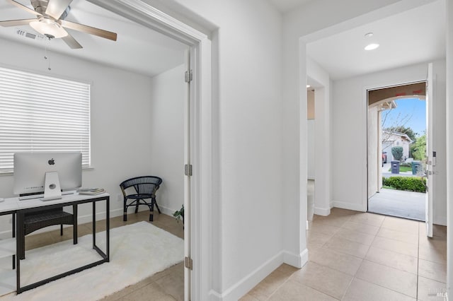 office area with baseboards, visible vents, ceiling fan, light tile patterned flooring, and recessed lighting