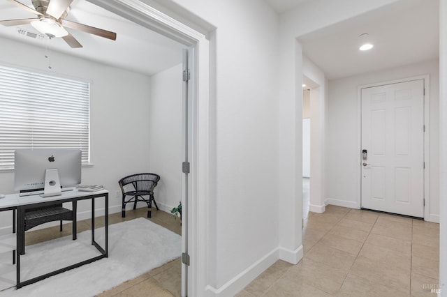 home office with light tile patterned floors, baseboards, visible vents, and recessed lighting