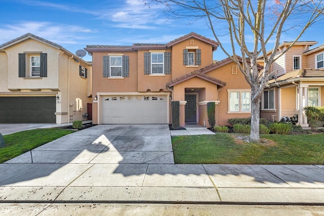 view of front of house featuring a garage, driveway, a tiled roof, stucco siding, and a front yard