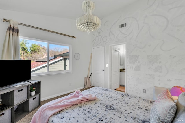 bedroom featuring wallpapered walls, a notable chandelier, baseboards, and visible vents