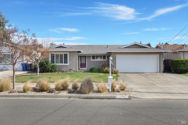 single story home with concrete driveway, a front lawn, an attached garage, and a shingled roof