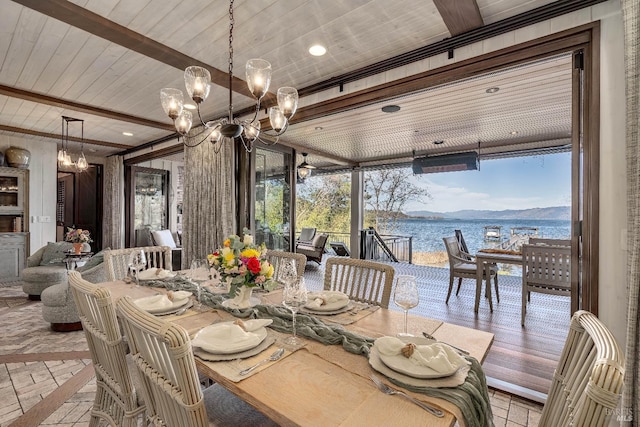 dining space featuring wood ceiling, a water view, beamed ceiling, and a notable chandelier