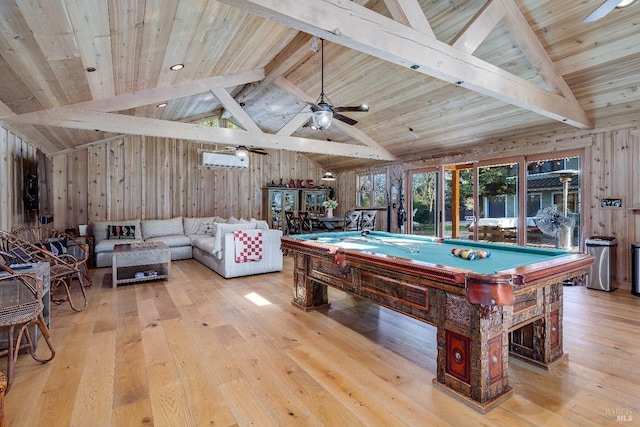 game room with vaulted ceiling with beams, wood ceiling, wood-type flooring, and wood walls