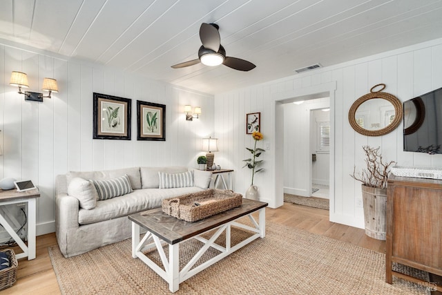 living area with a ceiling fan, visible vents, and light wood-style floors