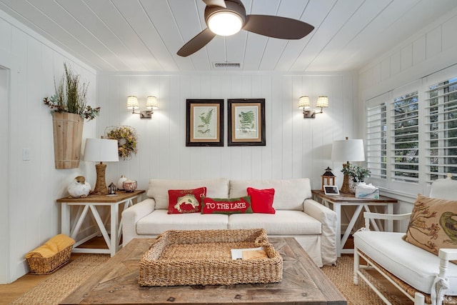 living room featuring wooden ceiling, visible vents, and a ceiling fan