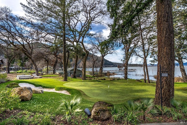 view of community with a water view and a lawn