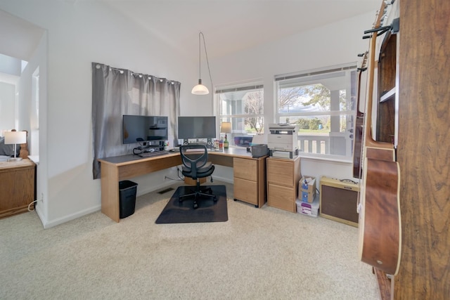 home office featuring carpet floors and baseboards