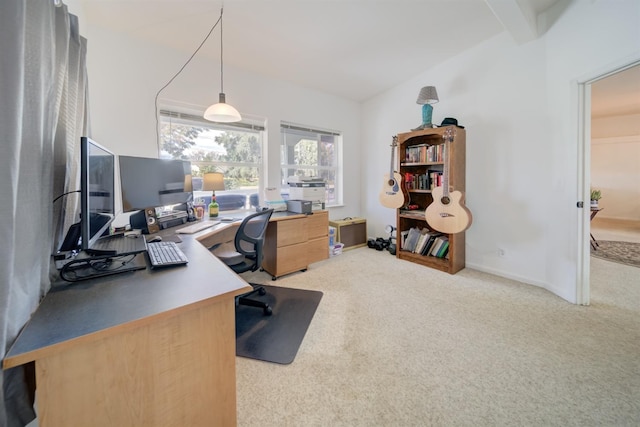 home office featuring baseboards and carpet