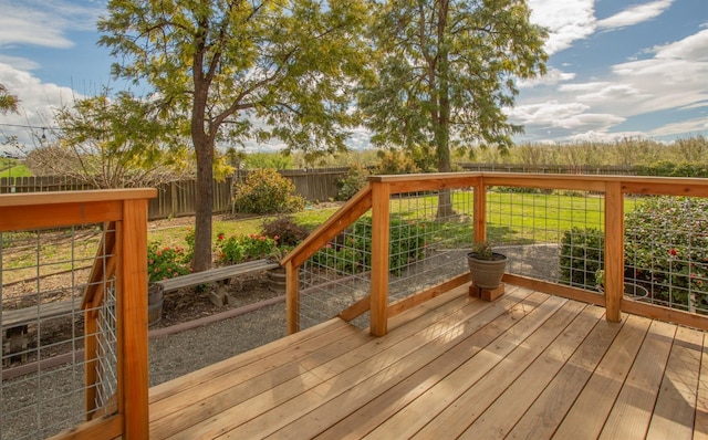 wooden terrace with a yard and a fenced backyard