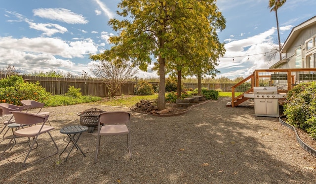 view of yard with a fire pit and a fenced backyard