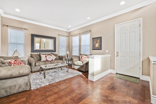 living area with baseboards, ornamental molding, and wood finished floors