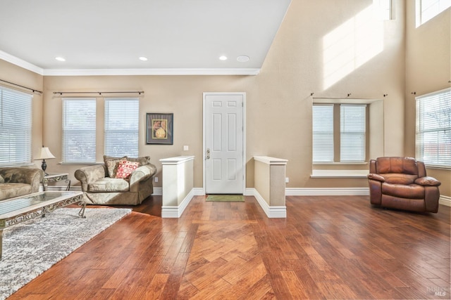 interior space with baseboards, a towering ceiling, wood-type flooring, ornamental molding, and recessed lighting