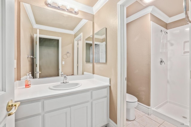 bathroom with crown molding, toilet, a stall shower, vanity, and tile patterned flooring